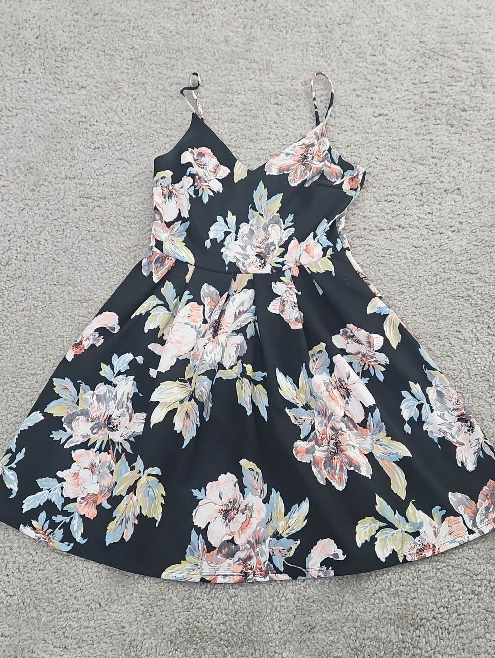 Soprano Black Floral Spaghetti-Strap Dress with Peach and Light Blue Blooms